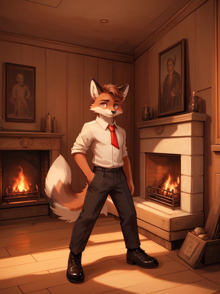 a serious expression young red fox with a fluffy tail, wearing a black suit, white shirt, red tie, elegant black shoes, light brown eyes, looking at the camera, in a wooden room with a fireplace, detailed, aesthetic