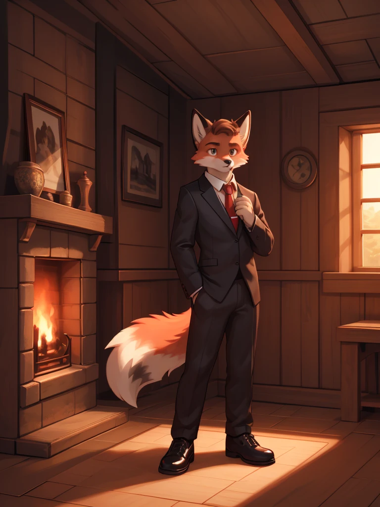 a serious expression young red fox with a fluffy tail, wearing a black suit, white shirt, red tie, elegant black shoes, light brown eyes, looking at the camera, in a wooden room with a fireplace, detailed, aesthetic