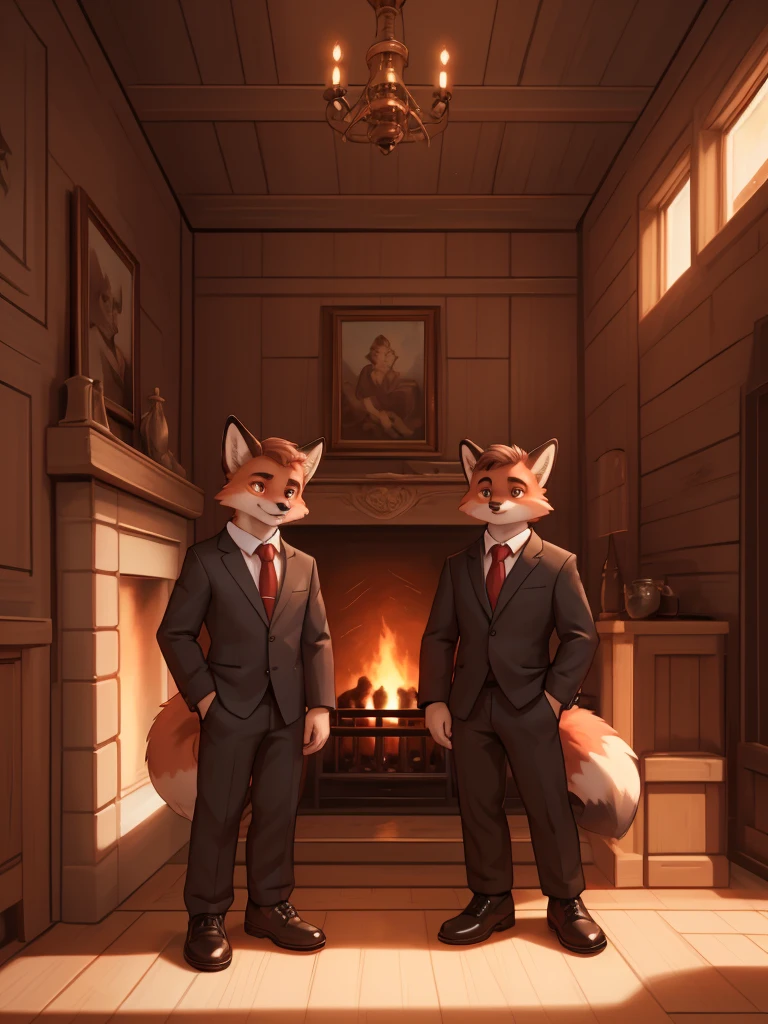 a serious expression young red fox with a fluffy tail, wearing a black suit, white shirt, red tie, elegant black shoes, light brown eyes, looking at the camera, in a wooden room with a fireplace, detailed, aesthetic