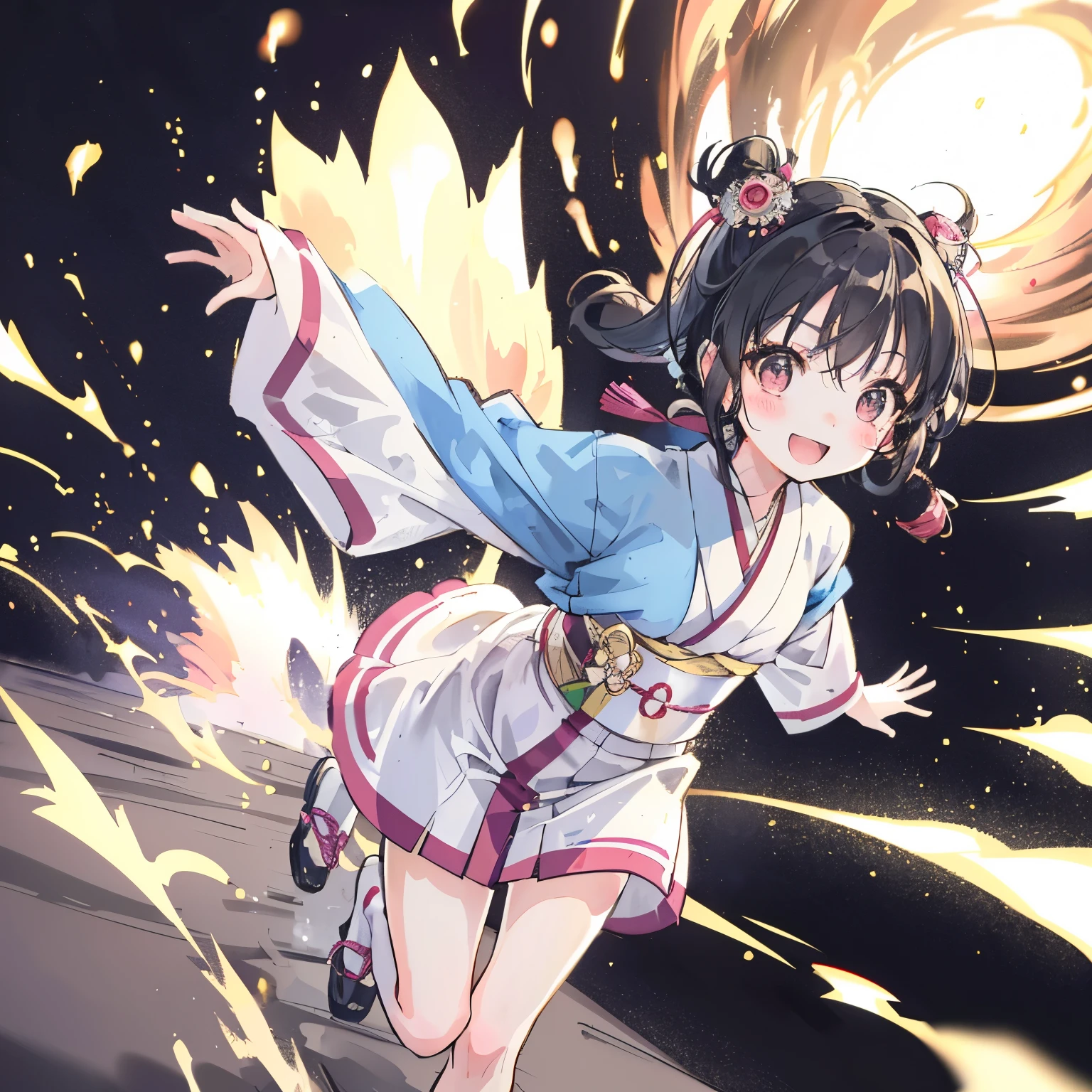 girl,((Atmosphere from the Meiji to Taisho eras)),((A  running around and playing energetically:1.4)),(A happy smile),(kids:1.3),((Keju)),cute background, traditional, confident