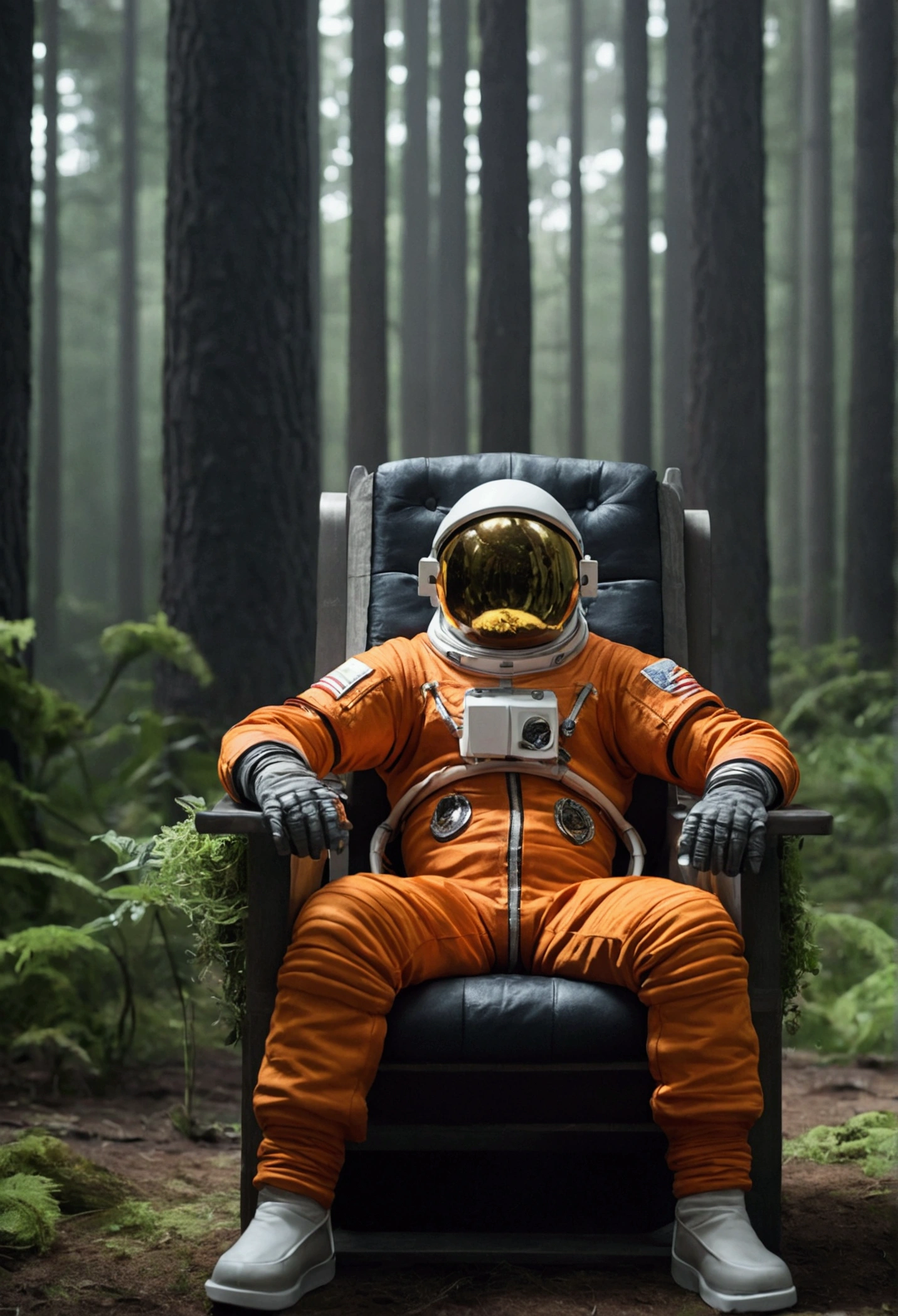 an astronaut in an orange suit sitting in a chair like the one in Game OF Thrones from the front, imposing and powerful, with a forest behind