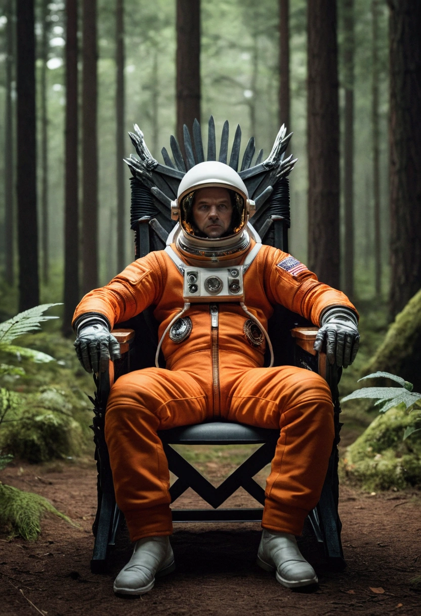 an astronaut in an orange suit sitting in a chair like the one in Game OF Thrones from the front, imposing and powerful, with a forest behind