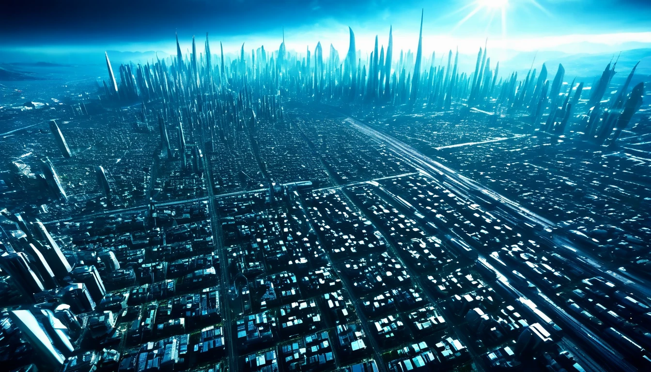 (high quality) A large futuristic city spreads out, Aerial view, spectacular scenery