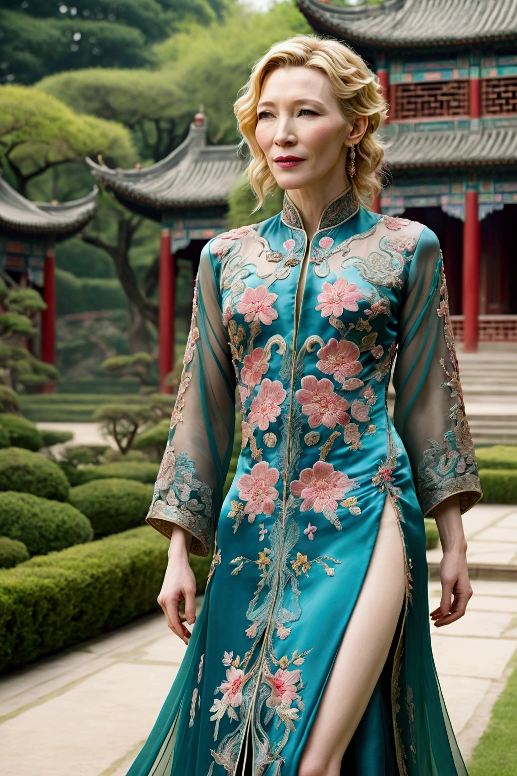 1 woman (Cate Blanchett, age 25, intricate silk Chinese dress with lots of embroidery sheer with several large slits, no underwear, traditional hairstyle and Chinese makeup) wandering through a palace garden