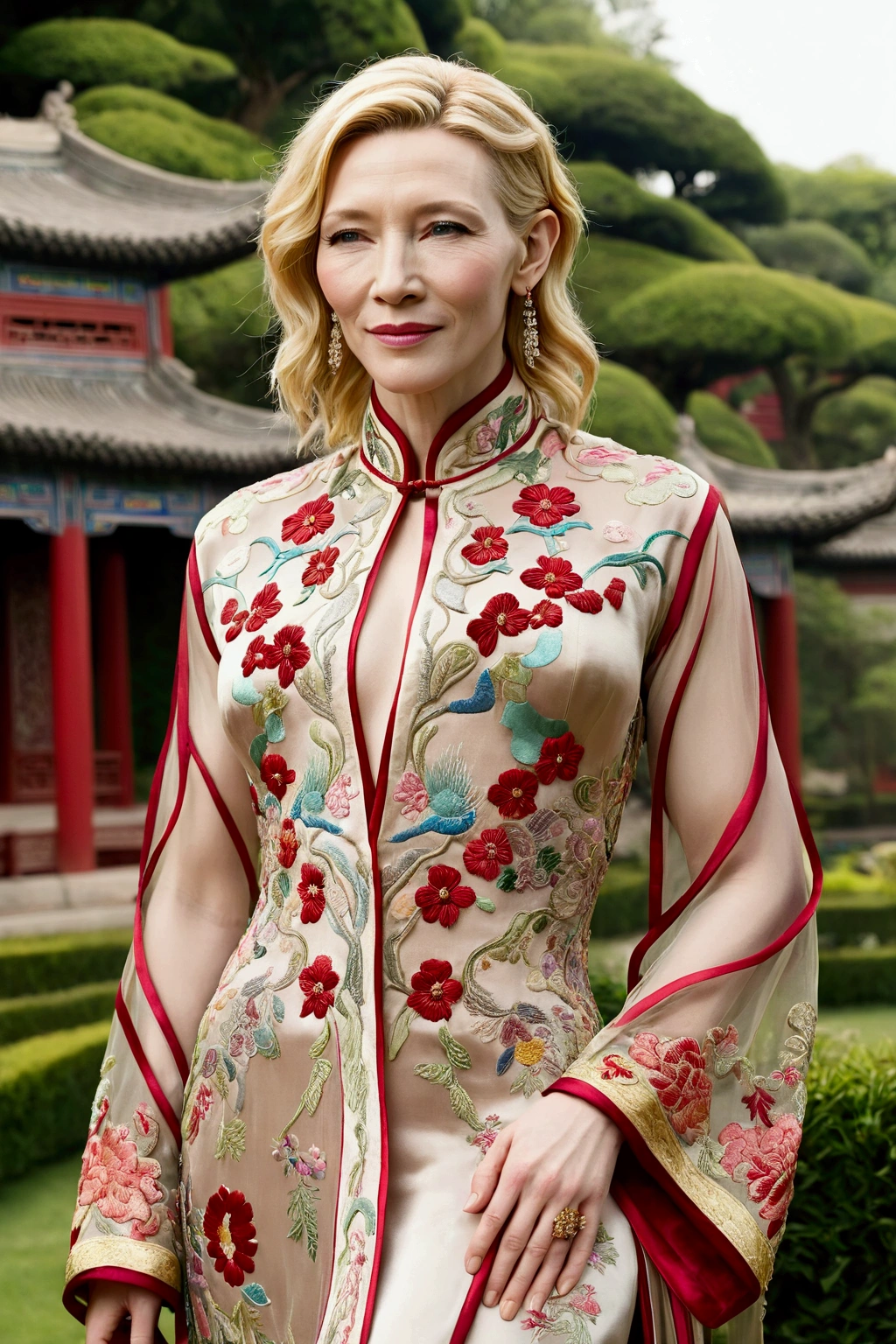 1 woman (Cate Blanchett, age 25, intricate silk Chinese dress with lots of embroidery sheer with several large slits, no underwear, traditional hairstyle and Chinese makeup) wandering through a palace garden
