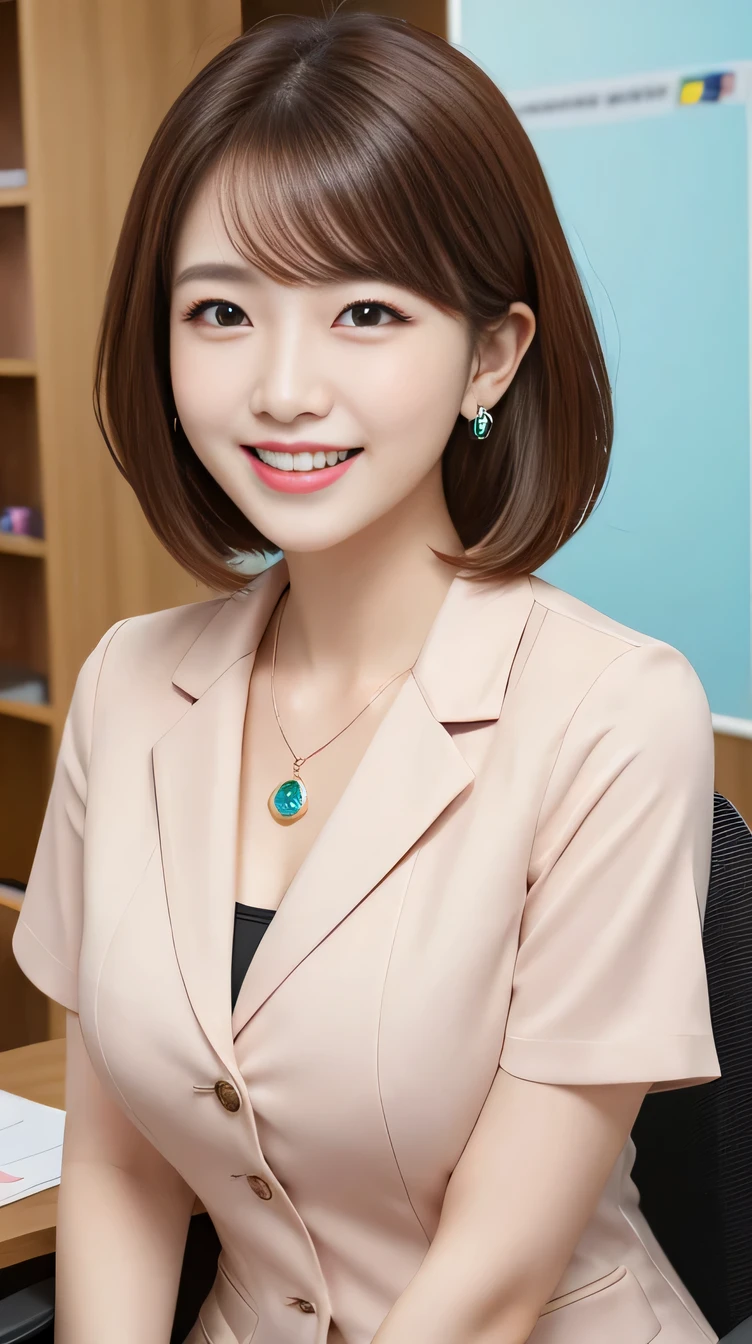 High resolution, Very detailed, Intricate details, 、ear piercing、smile、Beautiful teeth alignment、short hair、Brown Hair、Clear beauty,Office Lady Suits 、Necklace around the neck、, The background is the office

