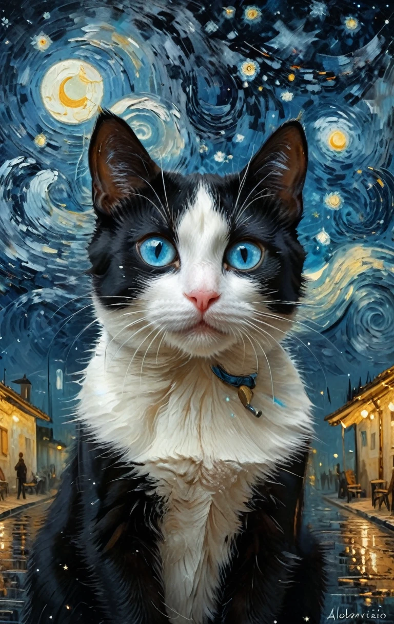 a black and white cat with blue eyes ,the background is van gogh's starry sky , a fine art painting, space art, trending on art station, alejandro burdisio