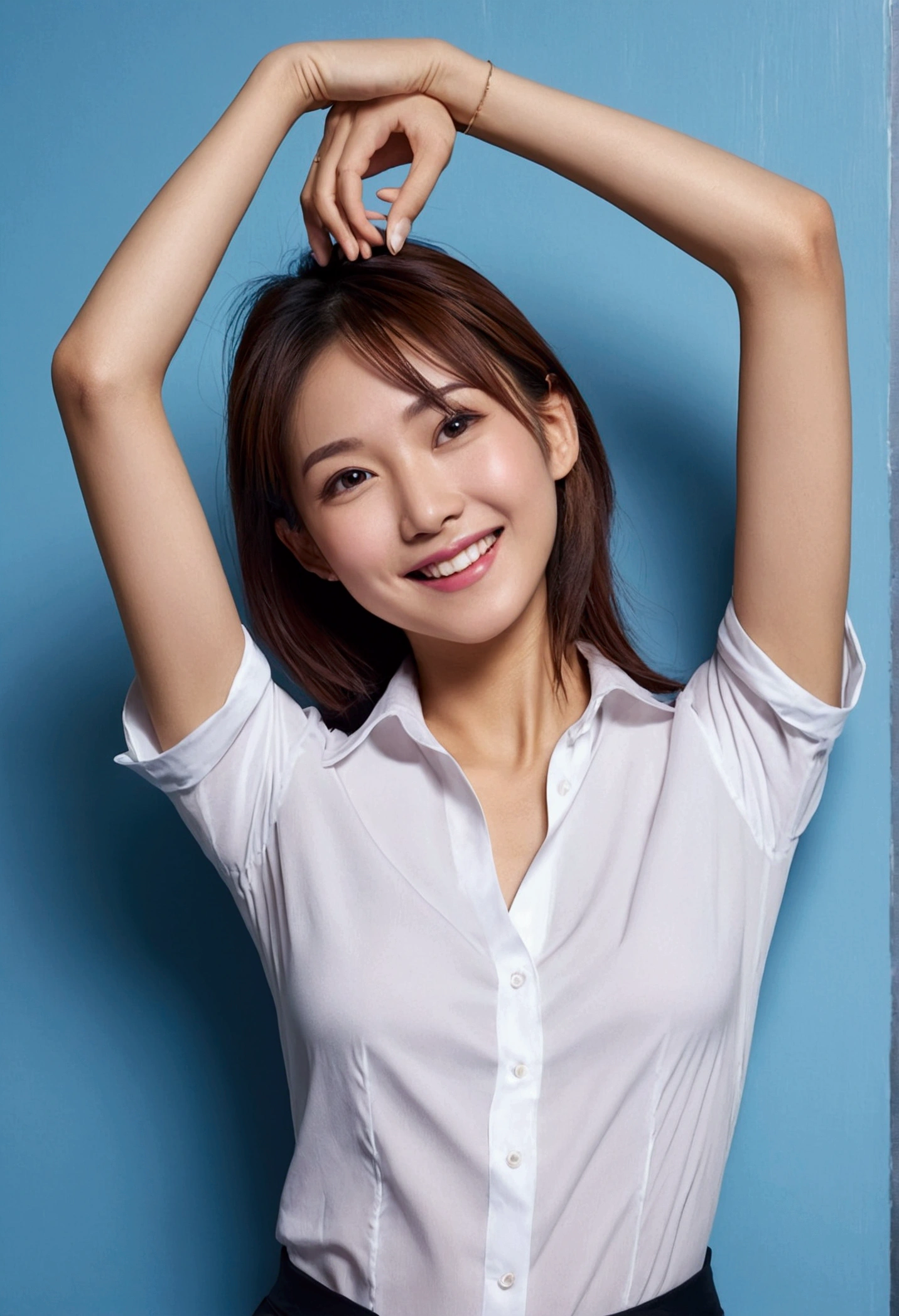 Miss Cabaret、businesswoman、group、white shirt、hiquality、A hyper-realistic、healthy、Smiling expression、Slender perfect figure、Japan beauties、beautidful eyes、face perfect、Beautiful skin、Blue wall background nude full body armpits