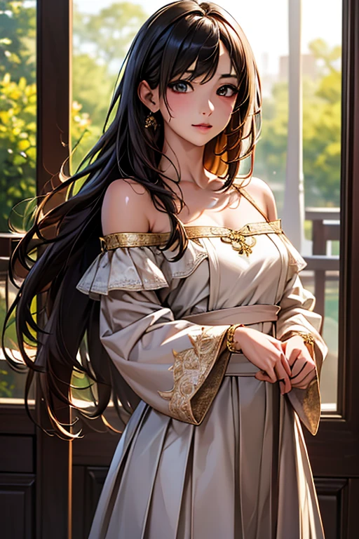 ((Highest quality)),(超High resolution),(Very detailed),(Detailed Description),((The best CG)),(masterpiece),Ultra-detailed art、(Highest quality、8k、32K、masterpiece)、(Realistic)、(Realistic:1.2)、(High resolution)、Very detailed、Very beautiful face and eyes、1 female、((:1.3))、Tight waist、Delicate body、(Highest quality、Attention to detail、Rich skin detail)、(Highest quality、8k、Oil paints:1.2)、Very detailed、(Realistic、Realistic:1.37)、Bright colors、Japanese woman in her mid-20s。With long hair、Black straight hair。Large, wide eyes、Thin and well-trimmed eyebrows、High nose、Small, well-shaped mouth、Light Skin Tone。With a soft smile。pink off shoulder tops、Wearing a white lace skirt、Wearing a gold bracelet。Wearing beige high heels。In the background is a park with seasonal flowers in bloom.、Standing facing forward under a clear daytime sky。