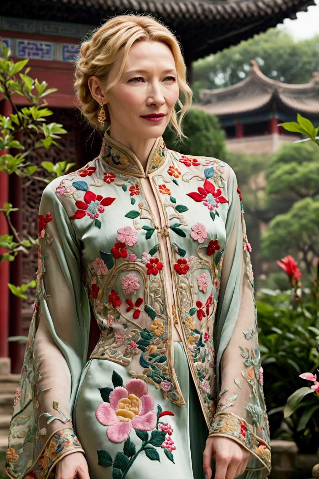 1 woman (Cate Blanchett, age 25, intricate silk Chinese dress with lots of embroidery sheer with several large slits, no underwear, traditional hairstyle and Chinese makeup) wandering through a palace garden
