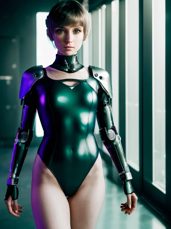 (Masterpiece, Hyperrealistic, 8k, HDR, RAW), ((Natural illumination)), dark illumination, darl tones, epic illumination, high contrast, ((Pretty girl)), American girl, ((Cyborg girl)), cute girl, ((Pale skin)), ************, ((Silver leotard)), ((Brown pixie haircut)), ((Green eyes)), ((Neon light illumination)), ((Flat tummy)), ((Silver arm protheses)), ((In a dark cyberpunk city)), ((In front of screens)), ((Skinny body)), ((Serious face)), cute face, blush, big eyes, ((perfect anatomy))