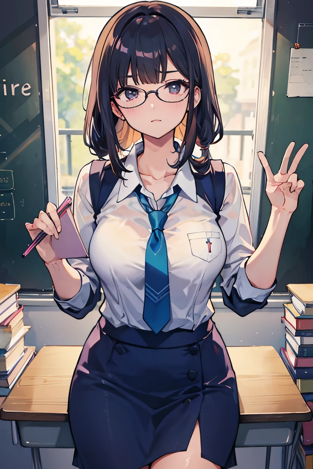 ((best quality)), ((master piece)), (Circumstantial), anime style, 1girl best quality, portrait, ultra detailed, gorgeous face, perfect anatomy, tan skin, black, giant hair, perfect hair, bangs, (hair between the eyes), (hair accessories), perfect light green eyes, eye details, happy expression, lips, open mouth, smiling, teacher, short long sleeve shirt, glasses, arms, Hands, five fingers in hand, thick legs, big thigh, possession, background scenery, studio, white wall, lighting, lamp, camera equipment, objects in the background, details in the environment, looking at the viewer