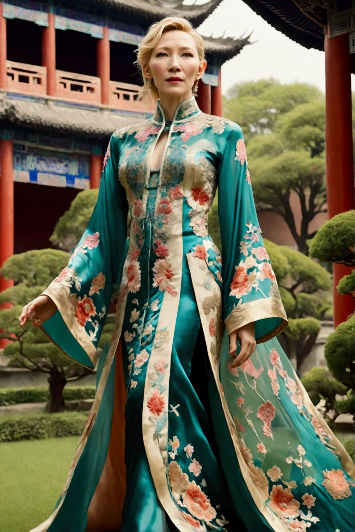 1 woman (Cate Blanchett, age 25, intricate silk Chinese dress with lots of embroidery sheer with several large slits, no underwear, traditional hairstyle and Chinese makeup) wandering through a palace garden
