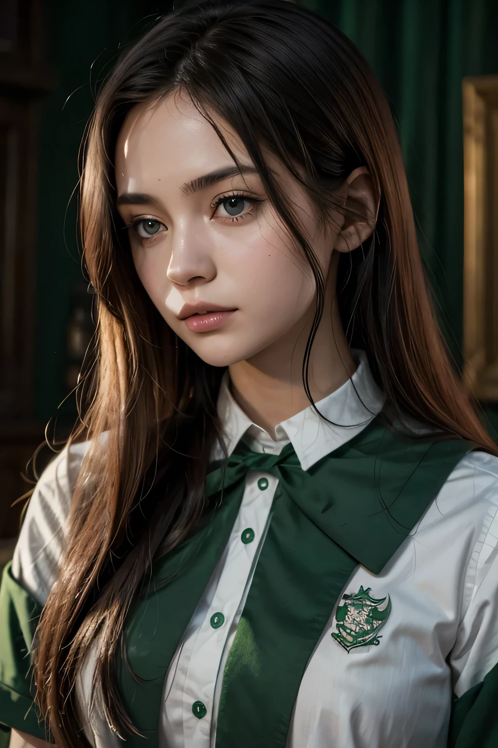 Chica pelo largo con uniforme slytherin