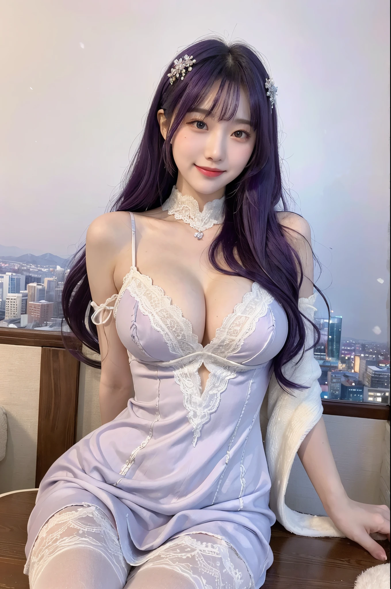 Masterpiece, Best quality, In winter, Snow, Cityscape, Realistic, Real, Huge_filesize, the wallpaper, Gradient_Background, Japanese, Girl, Long hair, Purple hair, Wavy hair, hair stick, heart-shaped hair ornament, Fake smile, Medium breasts, shift dresses, No bra, Lace, nipple tweak_thigh high,