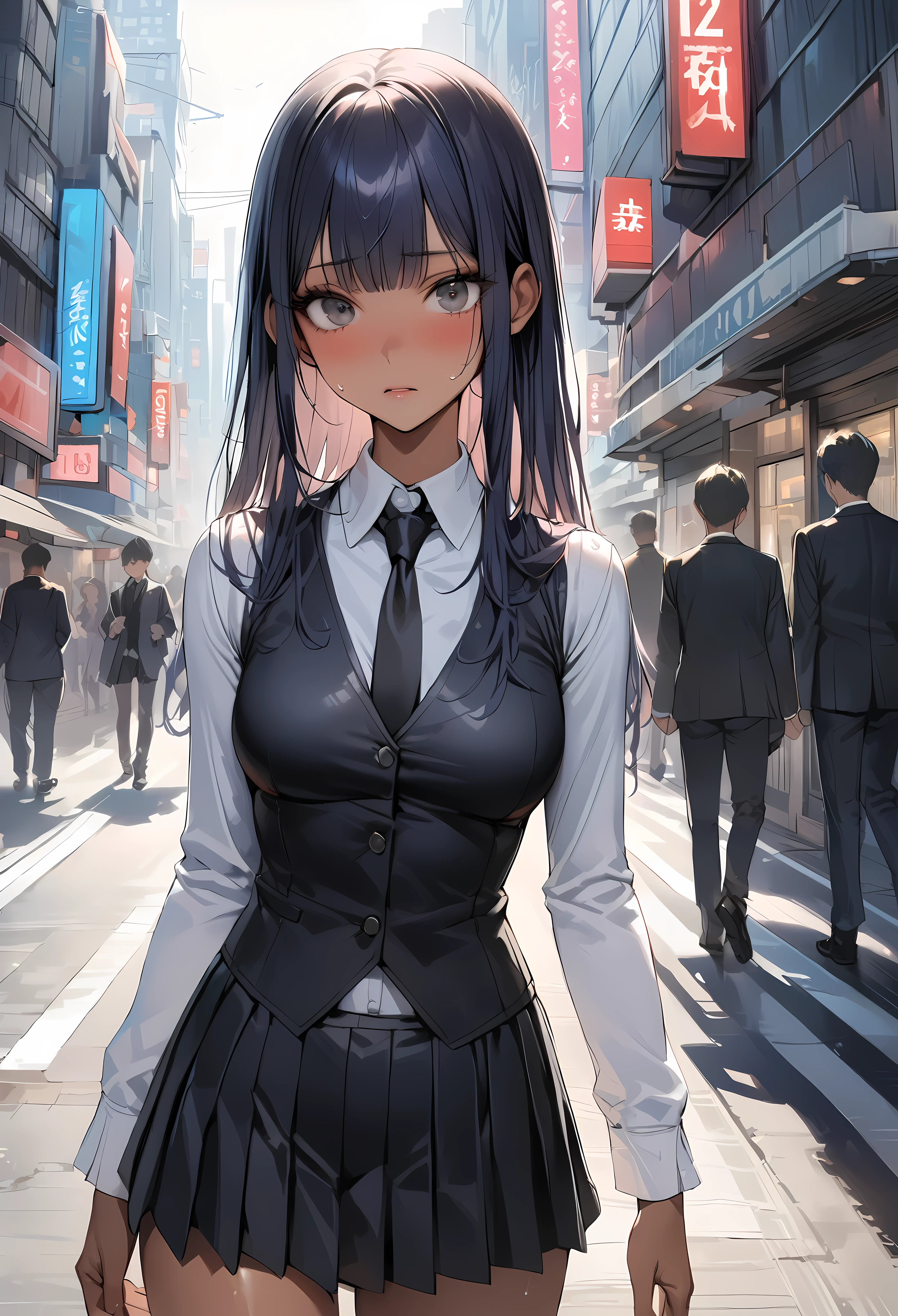 ((masterpiece,Highest quality:1.3,best quality illustration)),realistic,cowboy shot,1woman,(22 year old beauty),((very small head:1.4)),ideal ratio body proportions,dark blue hair,straight long hair,bangs,black eyes,gorgeous big eyes,shy、((tan skin,skinny)),(Black vest、Black tie、White collared shirt、Long sleeve、Black pleated mini skirt)),medium breasts,gleaming skin,slender body,sweat,walk,on street,Shinjuku、Tokyo、