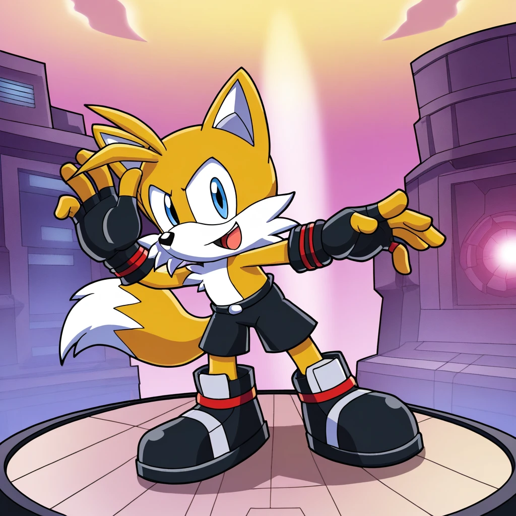 Custom avatar, fox character, wearing black shorts, in the cyberspace, cgi backround, doing a dyamic pose,