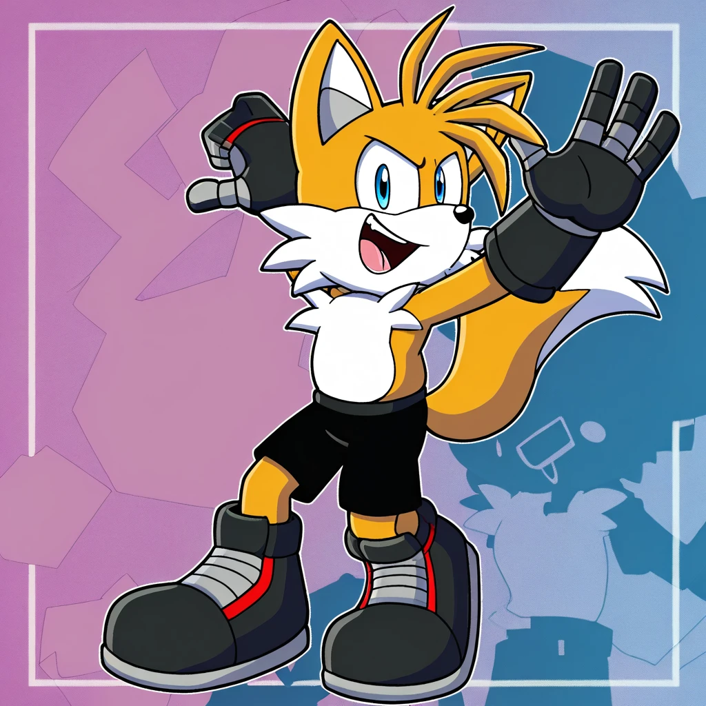 Custom avatar, fox character, wearing black shorts, in the cyberspace, cgi backround, doing a dyamic pose,