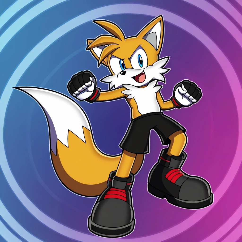 Custom avatar, fox character, wearing black shorts, in the cyberspace￼, cgi backround, doing a dyamic pose,