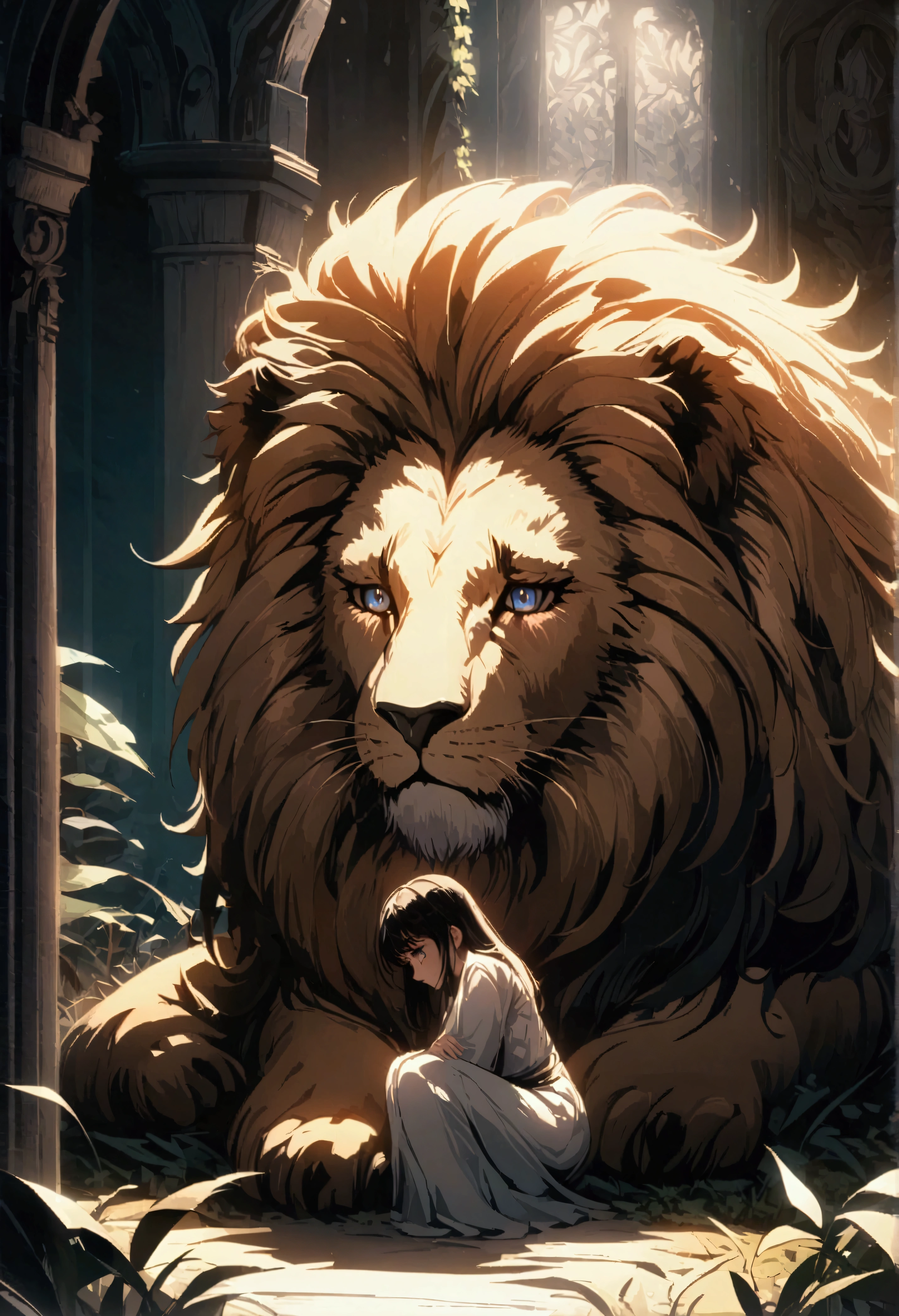 A crouching girl with a sad expression, a large lion comforting her, intricate detailed face, beautiful eyes, long eyelashes, delicate features, detailed skin texture, ornate background, sunlight filtering through leaves, cinematic lighting, vibrant colors, fantasy art style, highly detailed, 8k, style anime, masterpiece, largue space