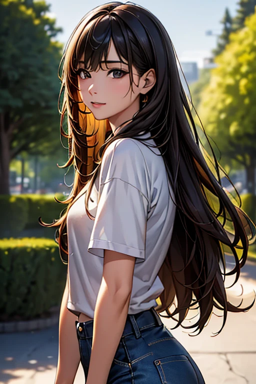 ((Highest quality)),(超High resolution),(Very detailed),(Detailed Description),((The best CG)),(masterpiece),Ultra-detailed art、(Highest quality、8k、32K、masterpiece)、(Realistic)、(Realistic:1.2)、(High resolution)、Very detailed、Very beautiful face and eyes、1 female、((:1.3))、Tight waist、Delicate body、(Highest quality、Attention to detail、Rich skin detail)、(Highest quality、8k、Oil paints:1.2)、Very detailed、(Realistic、Realistic:1.37)、Bright colors、Japanese woman in her mid-20s。With long hair、Black straight hair。Large, wide eyes、Thin and well-trimmed eyebrows、High nose、Small, well-shaped mouth、Light Skin Tone。With a soft smile。Blue denim jacket、Wearing a white T-shirt and black skinny jeans、Wearing a casual watch。Wearing white sneakers。In the background is a park with seasonal flowers in bloom.、Standing facing forward under a clear daytime sky。