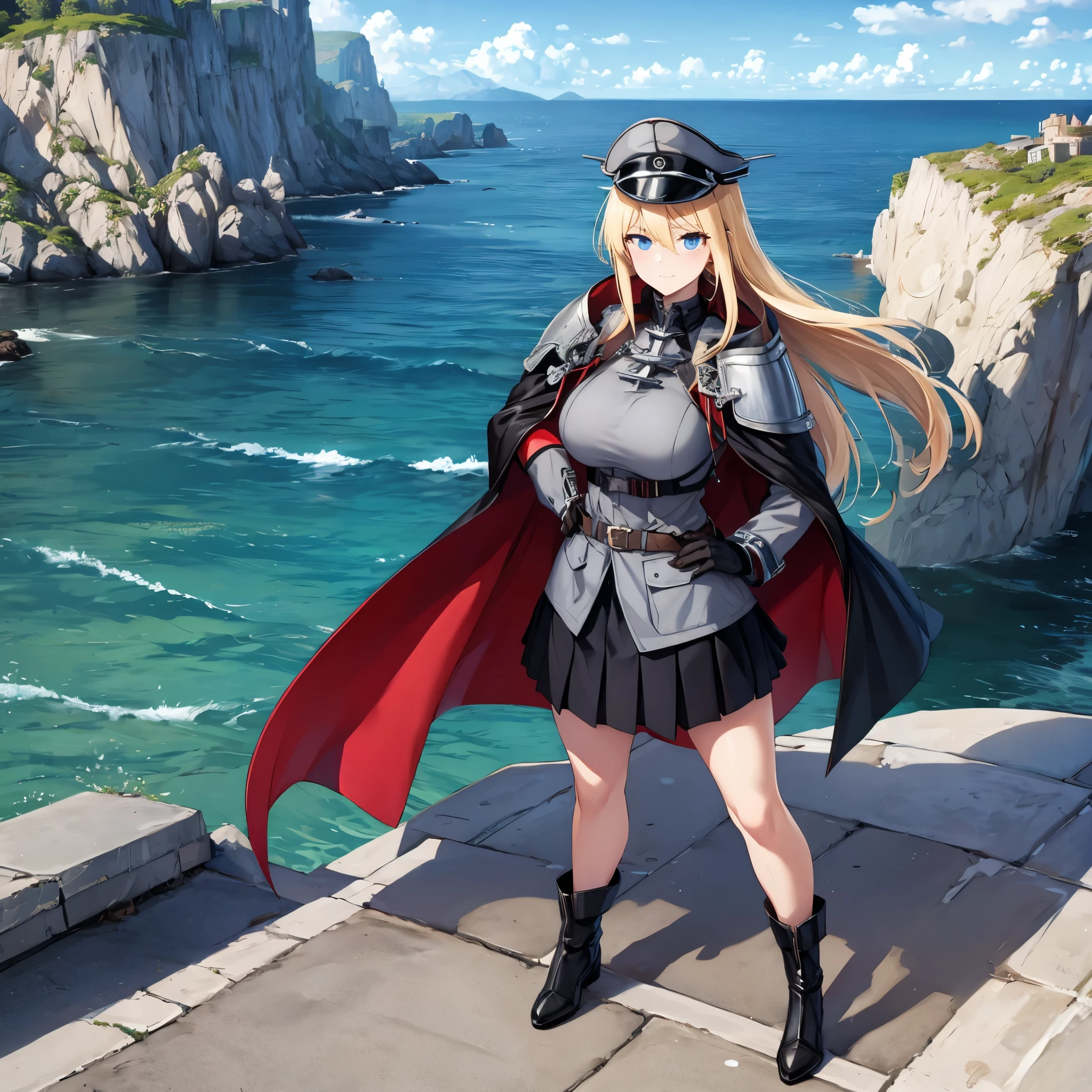 A woman wearing WWII German military costume, short skirt, wearing black fur cape, metal shoulder pad, german military hat, holding a medieval sword, black metal boots, blonde hair, long hair, ice blue eyes, standing on a sidewalk concrete near a sea, daytime location, Azur_lane, KMS_Bismarck,(solo woman) ,UHD , prime work , accurate , anatomically correct , textured skin , super details , high quality , best quality, 8k, high resolution, bokeh effect.
