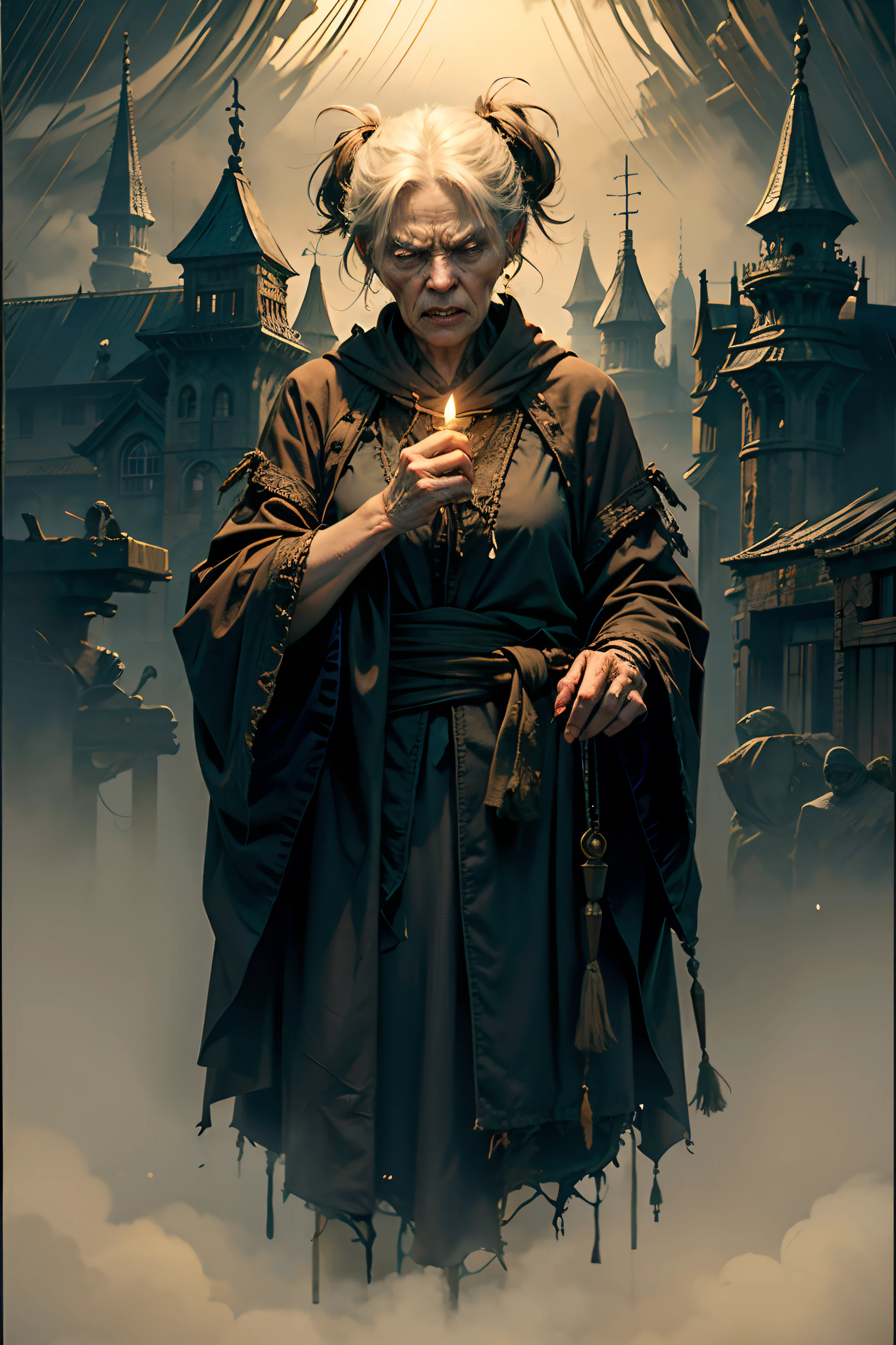 An angry old woman, with a deadly frown, Wearing ragged robes, holding a weak candle, The background is dark, foggy rain, the mood is dark, desperate, Confining, depressing, night light, design of character.