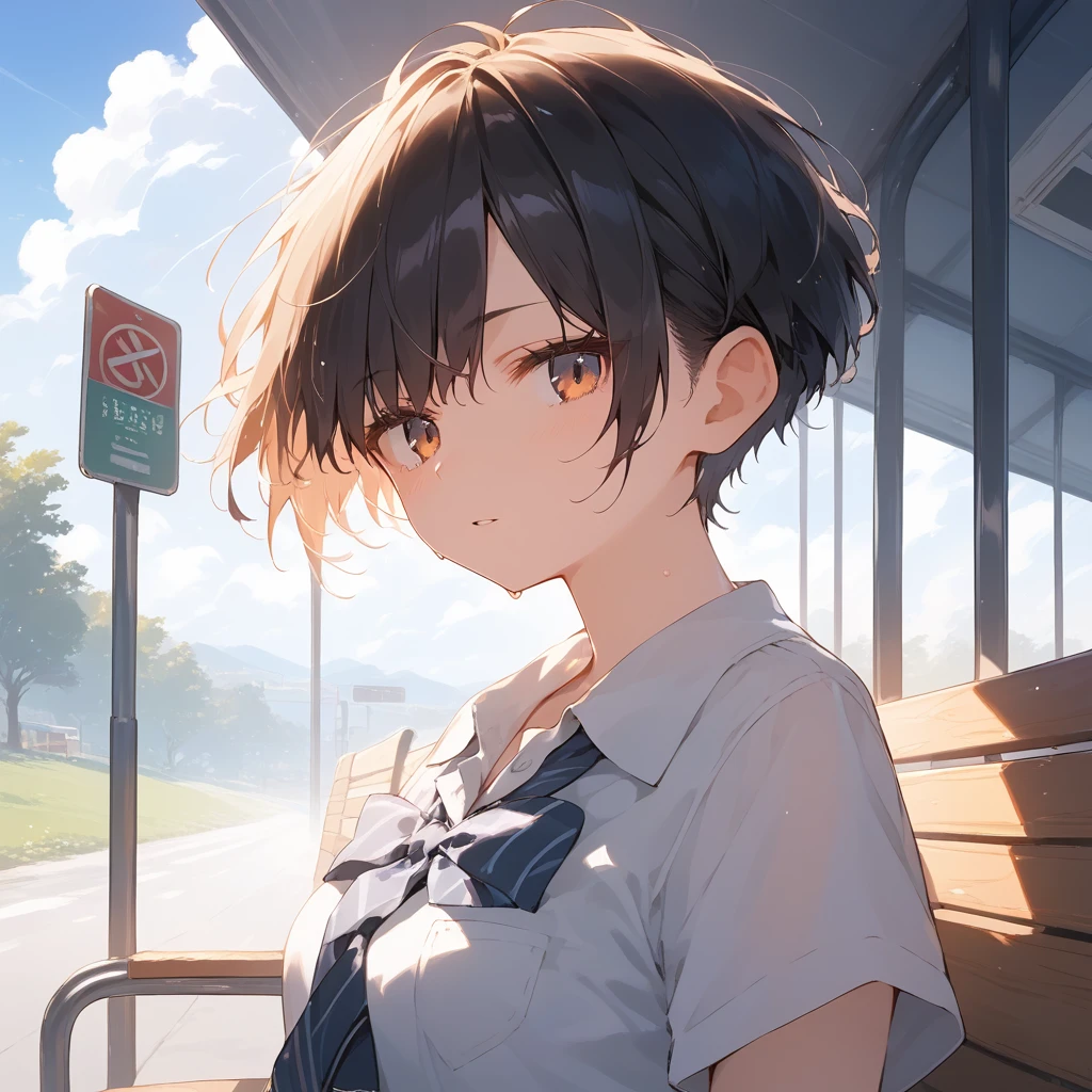 score_9, score_8_up, score_7_up, source_anime, best quality, masterpiece, official art, absurdres, highres, ultra-detailed,waifu2x,Collection: Serious Beauty,break,1girl, very short hair, pixie cut, breasts, beautiful detailed eyes, expressionless, school_uniform, short sleeves, sweat,  parted lips, outdoors,bus stop, bench, summer, wind, break,(clear line illustration:1.2), super detailed skin,very high resolution, very aesthetic, Best sexual lighting powered by famous artist, 8k, beauty illustration,photoshop_(medium),,(Detailed Lighting),best anime 8k konachan wallpaper, pixiv contest winner, 