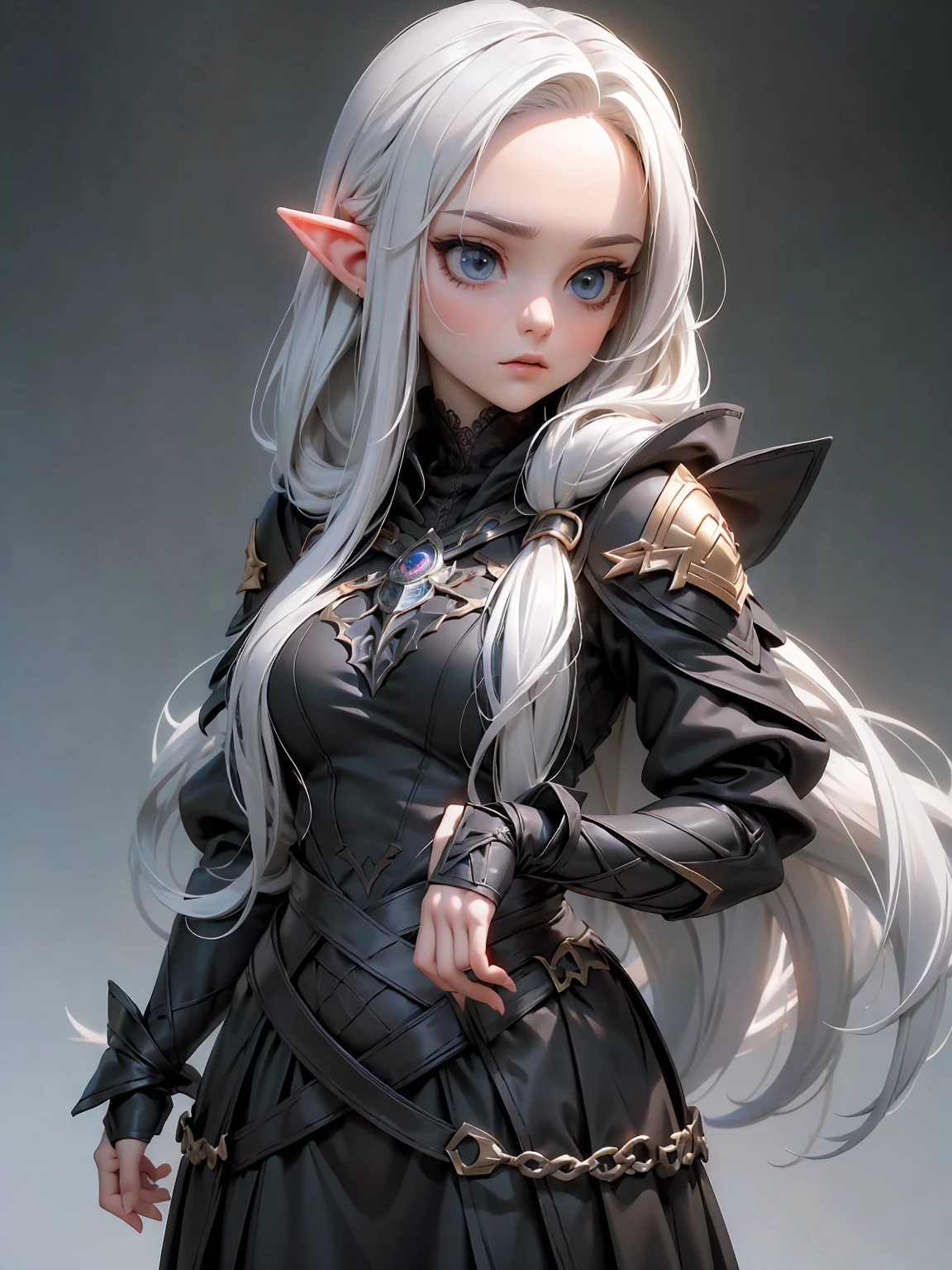 (((Best Quality))), (((Masterpiece))), (((Realistic))) ((full body shot))White elf girl, dark grey hair color, very long flowing hair, grey eye color, small eyes, round eye shape, eyeliner, realistic face shape. black shirt, portrait, wearing a black hood, black background, Depth of Field. looking at camera, dreamy look detailed eyes, detailed face, detailed skin, Ultra Detailed, Beautiful and Aesthetic, Masterpiece, Best Quality, shoulders showing. lace fabric, round chin shape. wearing black hood over hair. showing full upper body and face. wearing a black hood, alot of flairs in background, zoomed out, black and gold. glowing,