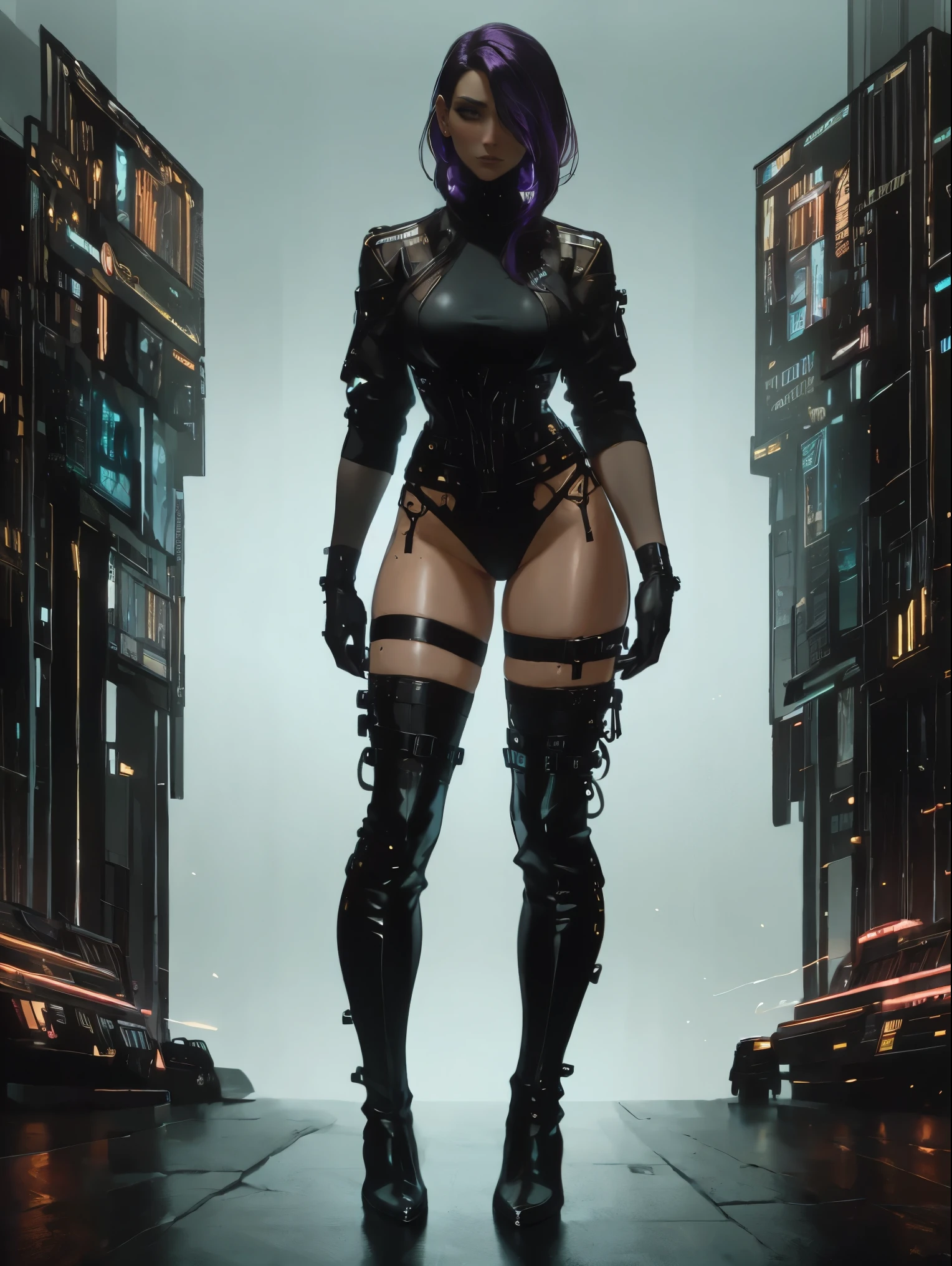 ((Back profile:1.2)), turning head looking to viewer, ((lavender hair)), ((motoko kusanagi)), (ghost in the shell), defined obliques, (large ass), black opera gloves, There is a woman in a robot suit ((posing next to an futuristic Roman building)), ((black biker jacket)), (gigantic breasts:1.4), short hair, Beautiful white girl half cyborg, Cute cyborg girl, Beautiful girl cyborg, (aletta ocean face), (puffy lips), (long sideburns), Perfect Robot Girl, Cyborg girl, (ass air bags), intricate details on ass, Young cyborg lady, (ass cleavage), Beautiful Female Robot, ((cybernetic abs:1.2)), intricate holes on ass, Beautiful robot woman, cyborg girl, perfect gray cyborg female, ((lavender cyborg)), Female robot, Beautiful cyborg images, (cinematic lighting)