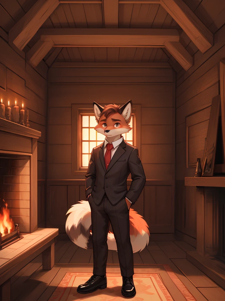 a serious expression young red fox with a fluffy tail, wearing a black suit, white shirt, red tie, elegant black shoes, light brown eyes, looking at the camera, in a wooden room with a fireplace, detailed, aesthetic