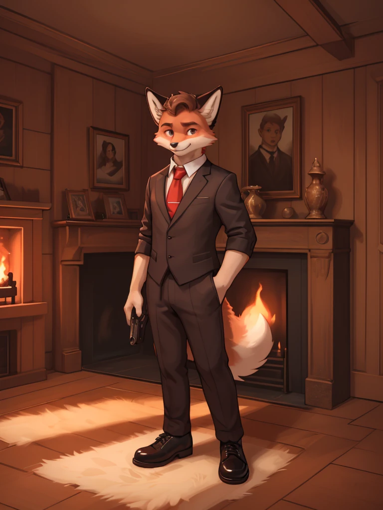 a serious expression young red fox with a fluffy tail, wearing a black suit, white shirt, red tie, elegant black shoes, light brown eyes, looking at the camera, in a wooden room with a fireplace, detailed, aesthetic