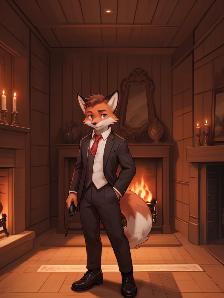 a serious expression young red fox with a fluffy tail, wearing a black suit, white shirt, red tie, elegant black shoes, light brown eyes, looking at the camera, in a wooden room with a fireplace, detailed, aesthetic