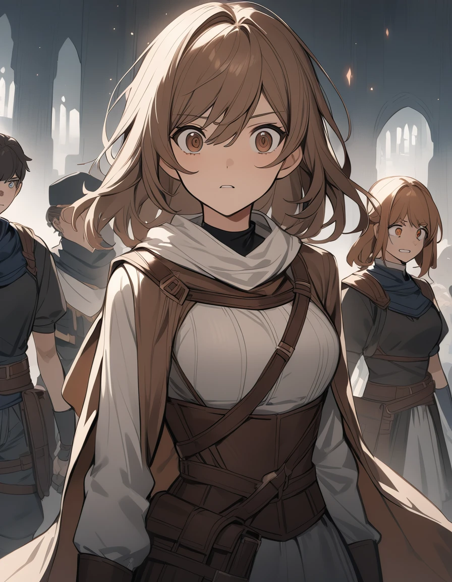 high resolution, adventuress, fantasy, brown eyed girl, scared girl, only the girl&#39;s eyes visible, the eyes reflect what the girl sees, Girl dressed in bandit clothes (cape and hood), House on fire in reflection, Demon king in the reflection, Demon king in front of burning house, Dead soldiers in the reflection, blood splashed on the girl&#39;s cheek, detailed, You can only see the girl&#39;s face in the foreground