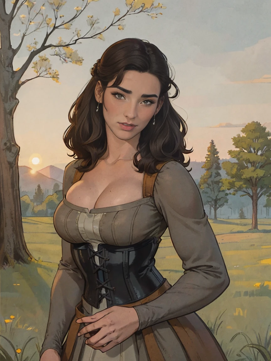 Gorgeous and sultry busty athletic (thin) brunette peasant with sharp facial features wearing a modest updo, medieval hair cover, rough-spun grey and brown medieval dress, long sleeves, wide neck, long dress, tight bodice, corset, Middle Ages, cottage, farm, exterior, trees, countryside, evening, sunset.