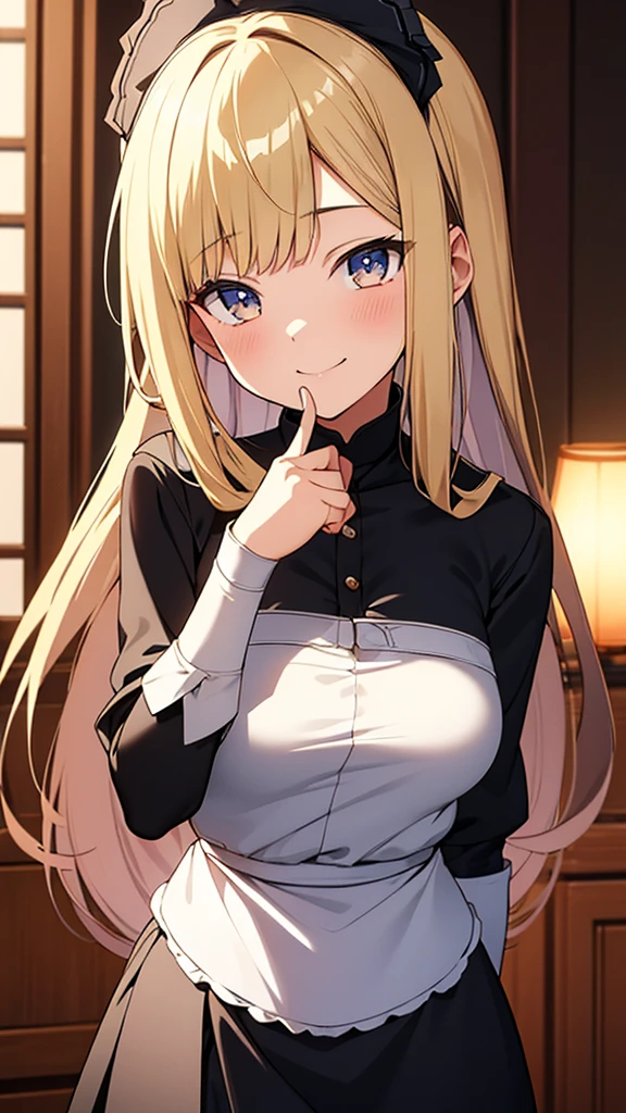 18 year old beautiful girl, Big eyes, Large Breasts, Small and slim, 8k, Highest quality, (Highly detailed head: 1.0), (Highly detailed face: 1.0), (Very fine hair: 1.0), Maid clothes, Highly detailed official artwork, Anime Moe Art Style, Beautiful and detailed anime art, smile, Blonde, sleek long hair，NSFW