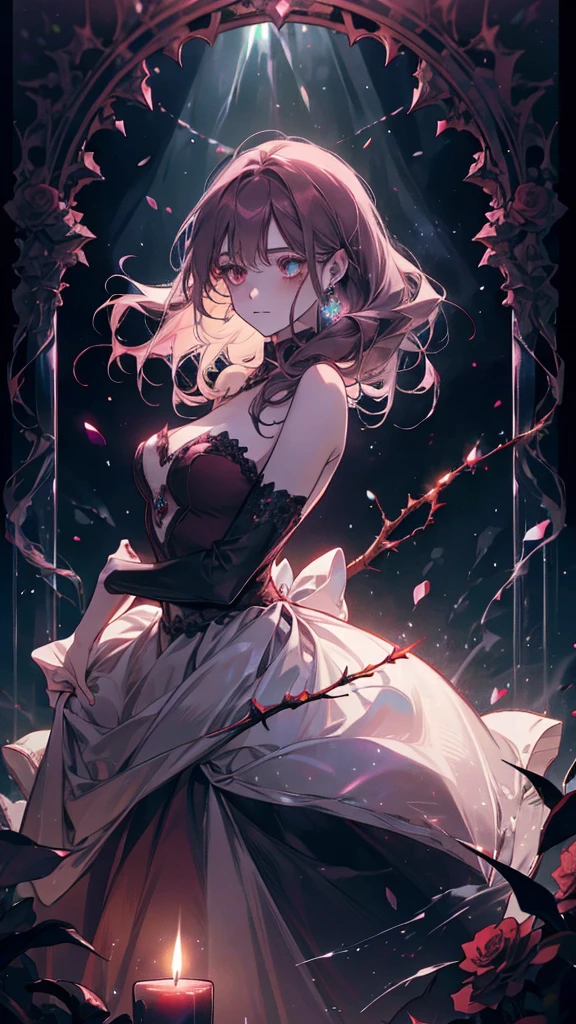 A girl dancing, dark red dress with rainbow crystals, magical, bioluminescent path, candles, briar, roses, thorns, pastel scatter light, haunting, mysterious, psychedelic, close up