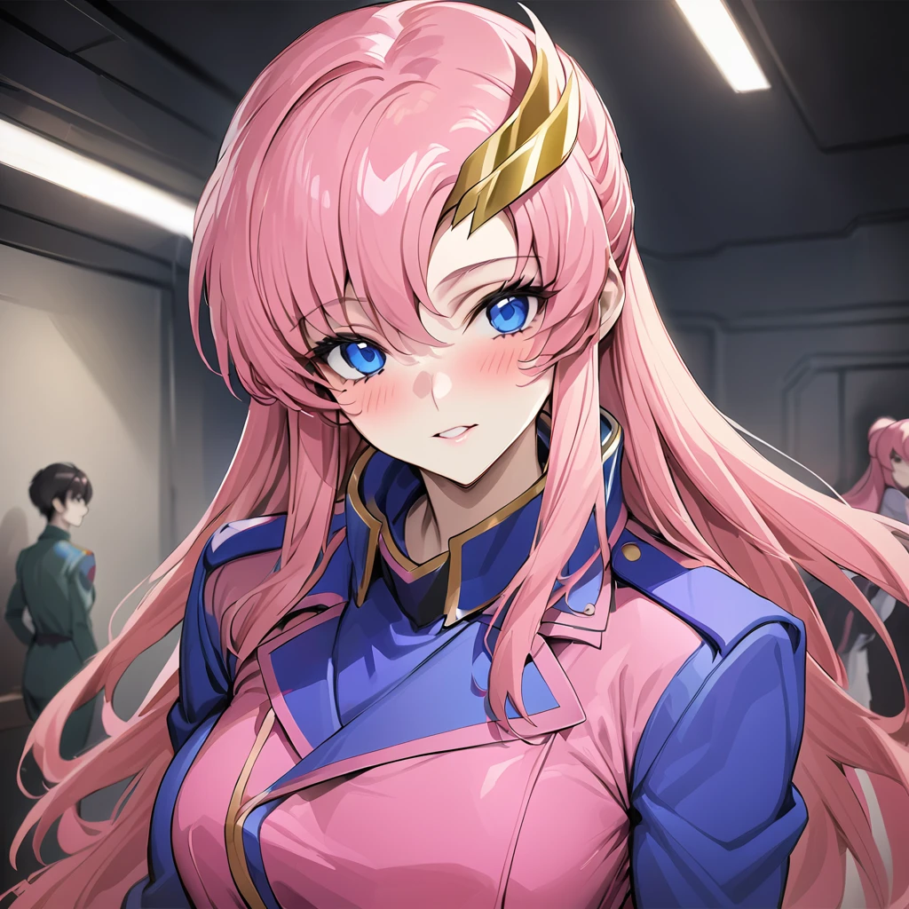 ((Highest quality)), ((masterpiece)), (detailed), (Perfect Face)、Gundam SEED、The woman is Lacus Clyne, with blue eyes, pink medium-long hair and a hair accessory.、The woman is a senior female officer in the Earth Federation Army and is wearing the Earth Federation Army uniform.