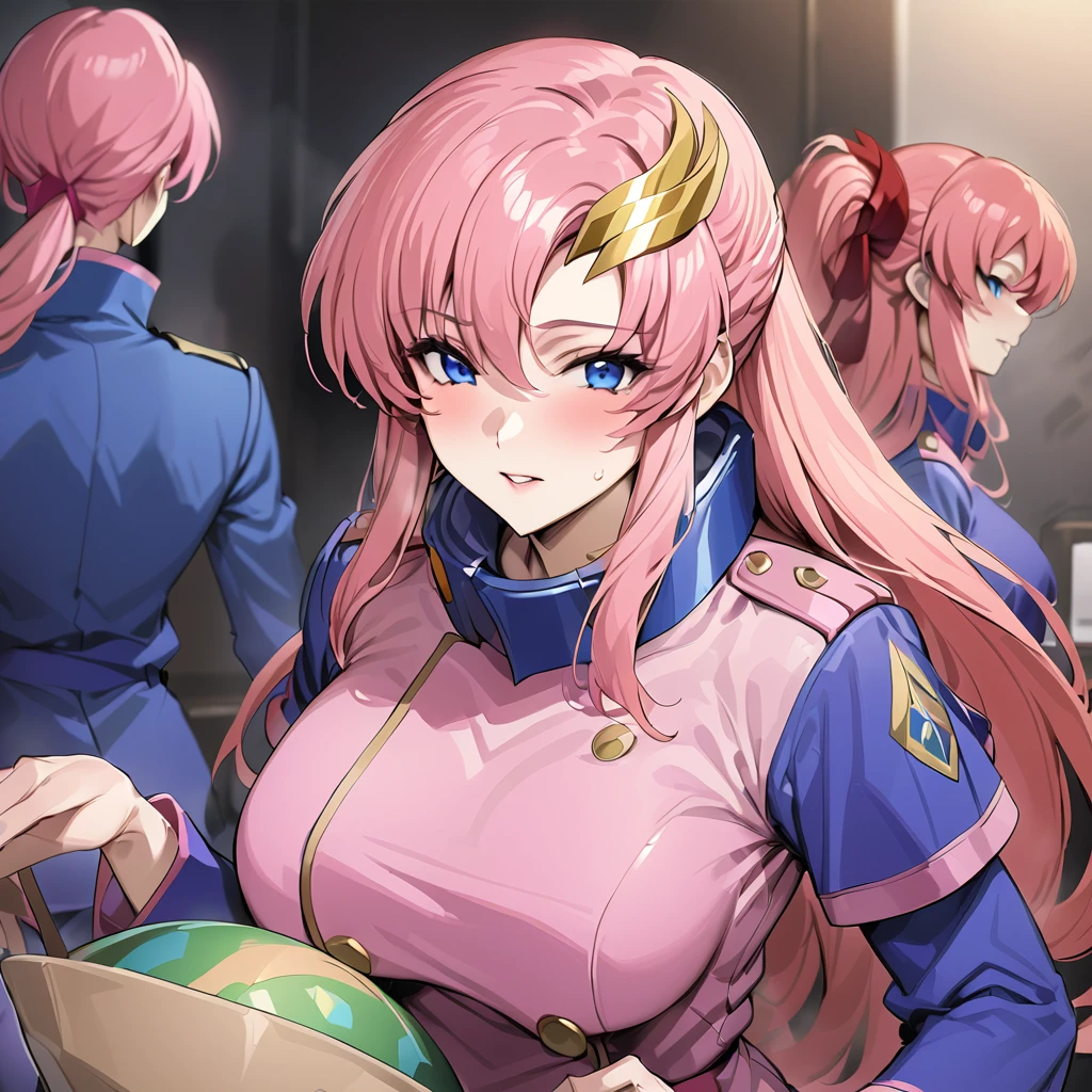 ((Highest quality)), ((masterpiece)), (detailed), （Perfect Face）、Gundam SEED、The woman is Lacus Clyne, a member of the Blue Cosmos, with blue eyes, pink hair, medium-long hair and a hair accessory.、The woman is a senior female officer in the Earth Federation Army and is wearing the Earth Federation Army uniform.