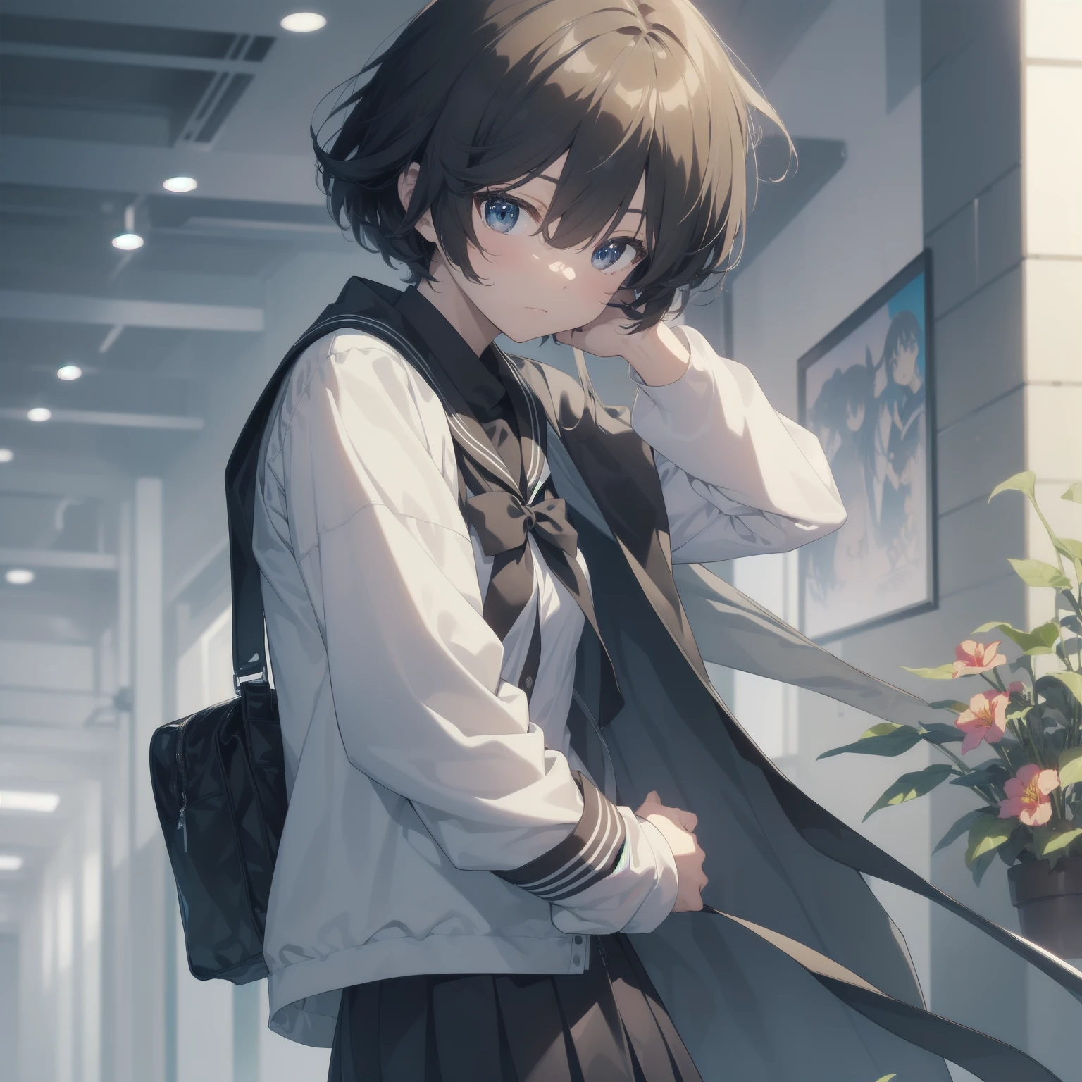 ultra-absurdres-Top quality by artist God, ultra-detailed, high resolution, anime moe artstyle, best anime 8k konachan wallpaper, pixiv contest winner, pool:2810, perfect anatomy,break, 1girl, (Please draw a girl walking sleepily to school alone. )break,(Solo,little female, -yeld:1.Full limbs, complete fingers,a junior hihort hair), short cut, flat chest, , small butt, small black eyes, beautiful detailed eyes, well-proportioned iris and pupils, expressive eyes, highres detailed hair, soft expression, salor school_uniform, sailor collar, serahuku, bow, pleated skirt,(Detailed Lighting), (Detailed background), in the School commute route. break,super detailed skin, Best cinematic lighting powered by famous artist, 8k,beauty illustration,photoshop_(medium),very aesthetic,break,((artist:zen_(kamuro) )), artist:clamp ,artist:carnelian ,artist:kantoku ,