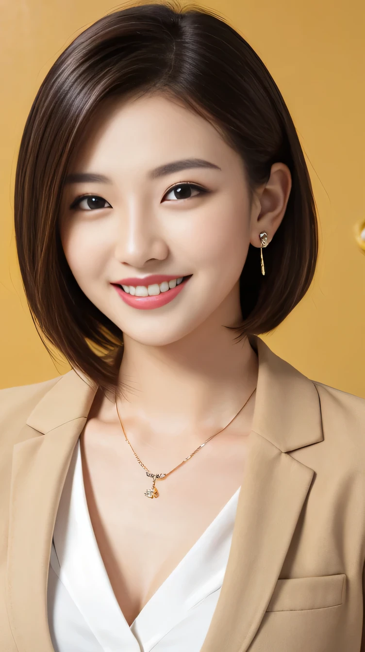 High resolution, Very detailed, Intricate details, 、ear piercing、smile、Beautiful teeth alignment、short hair、Black Hair、Clear beauty,Office Lady Suits 、Necklace around the neck、, The background is the office