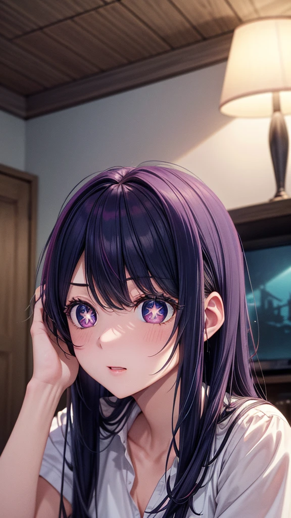 (8k, Ultra-high resolution, The best masterpiece, best quality:1.2), Very detailed, portrait, Half Body, side, focus on eyes, HD RAW photos, career arrest, High quality and beautiful, 超高清 8k 影像照片, confess, Professional photography, (actual, actual相片: 1.37), Very detailed的美麗女孩, Super delicate face shape, Contoured eyes, (Very detailed eyes), Delicate skin, (HD Skin:1.2), Neatly contoured fingers, (20:1.2), Twenty generations, cute girl, young beautiful mother, solo, Ai Hoshino, Hoshino Ai, Permanent, (Wearing home clothes), Vibrant look, (Layperson, Living room), Dynamic dark purple long hair, shiny purple eyes, (Star-shaped pupil:1.5), one hand raised, Sensual, Exuding motherly love, perfect anatomy, Detailed background, HD Background, Volumetric lighting, actual, stunning details, 8k Ultra HD, high quality, CG unity, C4D Rendering, 3D Rendering, Octane Rendering,
