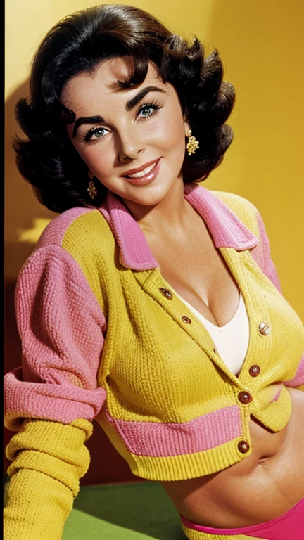 Elizabeth Taylor wearing a bright colored jacket and thong and smiling