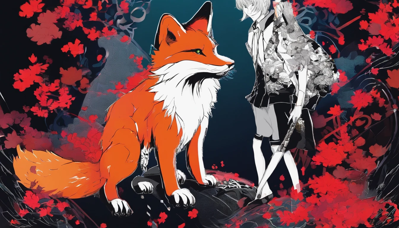 Man in black, next to him is a red fox