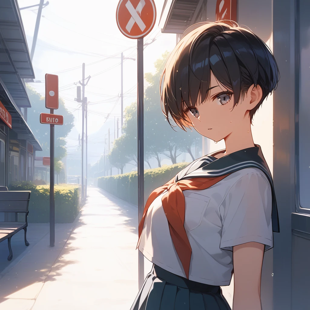 score_9, score_8_up, score_7_up, source_anime, best quality, masterpiece, official art, absurdres, highres, ultra-detailed,waifu2x,Collection: Serious Beauty,break,1girl, very short hair, pixie cut, breasts, beautiful detailed eyes, expressionless, school_uniform, short sleeves, sweat,  parted lips, outdoors,bus stop, bench, summer, wind, break,(clear line illustration:1.2), super detailed skin,very high resolution, very aesthetic, Best sexual lighting powered by famous artist, 8k, beauty illustration,photoshop_(medium),,(Detailed Lighting),best anime 8k konachan wallpaper, pixiv contest winner, 