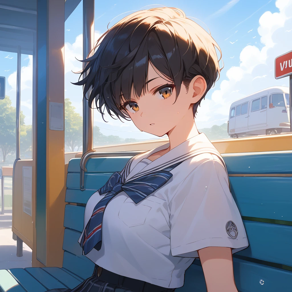 score_9, score_8_up, score_7_up, source_anime, best quality, masterpiece, official art, absurdres, highres, ultra-detailed,waifu2x,Collection: Serious Beauty,break,1girl, very short hair, pixie cut, breasts, beautiful detailed eyes, expressionless, school_uniform, short sleeves, sweat, parted lips, outdoors,bus stop, bench, summer, wind, break,(clear line illustration:1.2), super detailed skin,very high resolution, very aesthetic, Best sexual lighting powered by famous artist, 8k, beauty illustration,photoshop_(medium),,(Detailed Lighting),best anime 8k konachan wallpaper, pixiv contest winner,