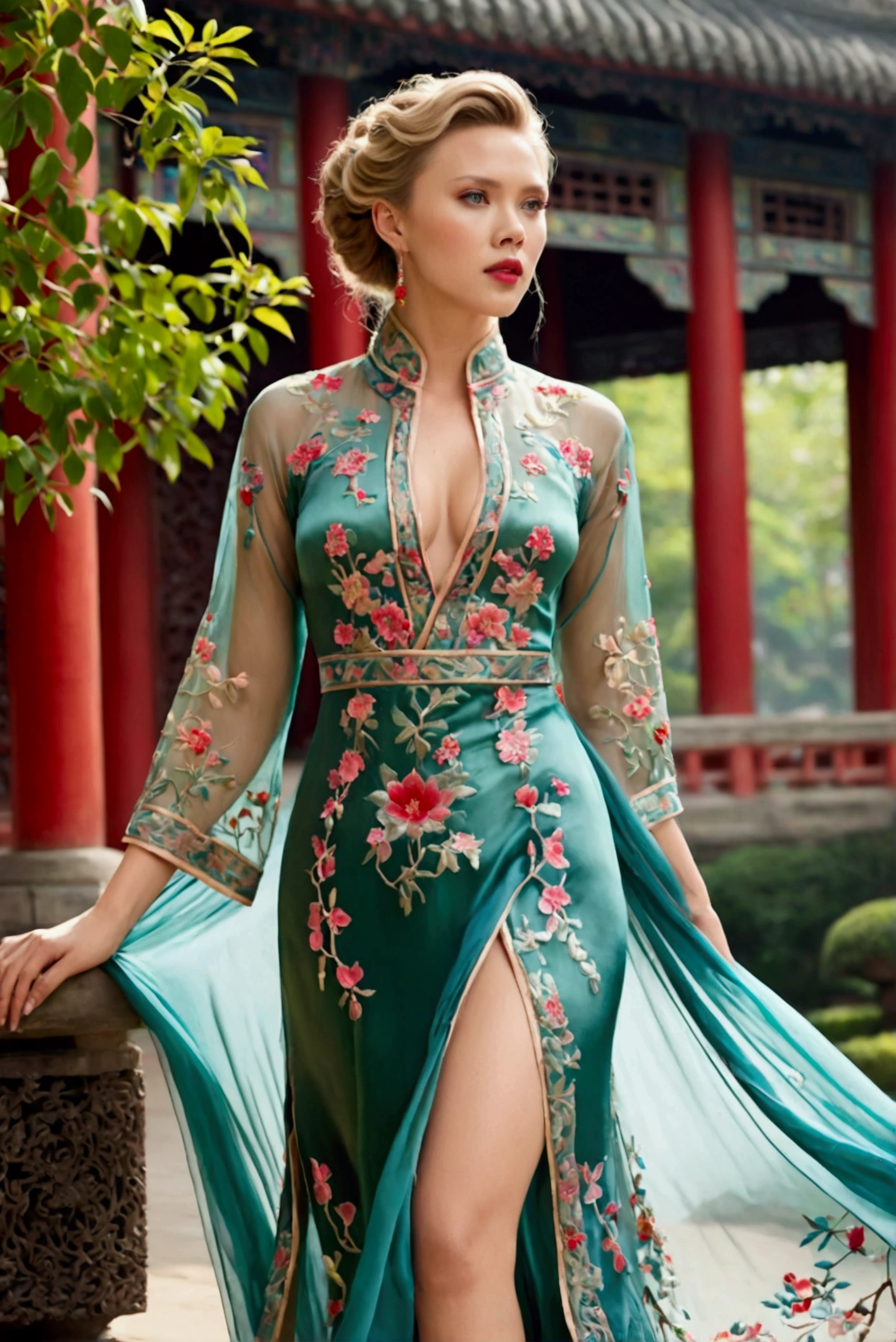 1 woman (Scarlett Johannsson, age 25, intricate silk Chinese dress with lots of embroidery sheer with several large slits, no underwear, traditional hairstyle and Chinese makeup) wandering through a palace garden
