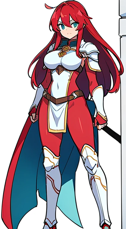 (((Highest quality))) , ((whole body)), woman, Reference Sheet, alone, (white background), Greaves,  Gauntlet, sword ,  ,  Thigh height, Loin cloth only, Red Cape, Long Hair, Red hair,  pink, cyan, white,