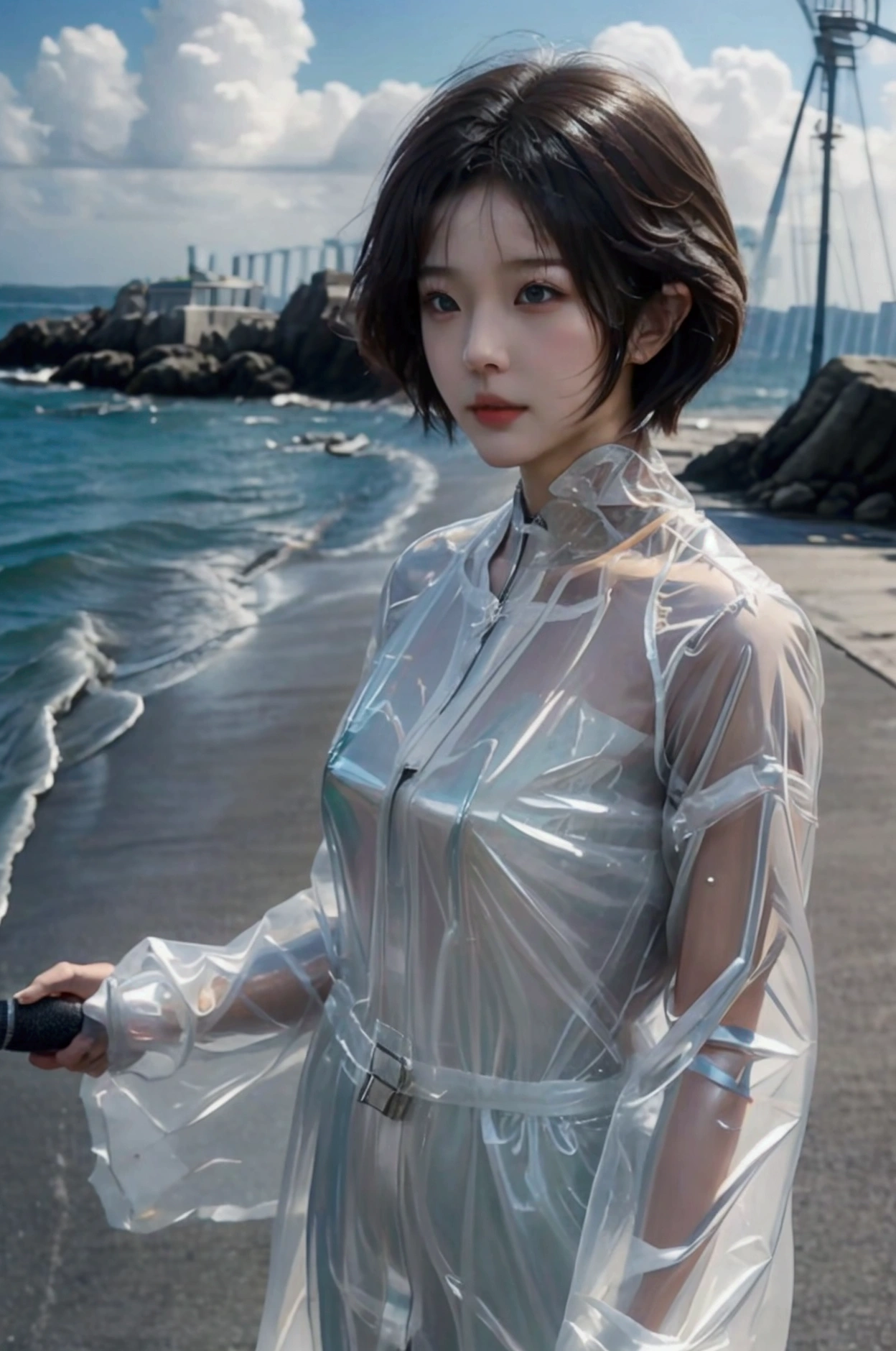 On a typhoon day, a beautiful short-haired female reporter wearing a transparent raincoat stood on the seawall with a microphone and reported in the strong wind.