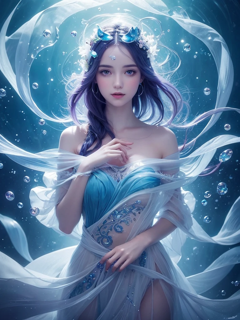 A whimsical scene unfolds in a Loish and Wallop-inspired . A woman, dressed in flowing attire, is the focal point of the composition. She blows ethereal bubbles, their translucent forms suspended in mid-air like delicate jewels. The bubbles' wispy tendrils curl around her fingers, as if drawn to her touch. In the background, a subtle gradient of blues and purples evokes a dreamy atmosphere, reminiscent of Anna Dittmann's style. Water magic swirls around her, with intricate details that invite the viewer to step into this fantastical world.